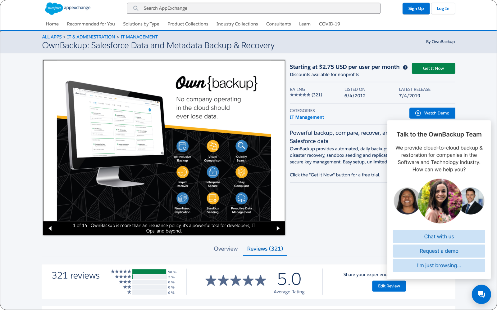 The OwnBackup AppExchange listing with AppExchange Chat